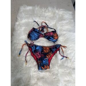 Peddney Women's Tropical Floral 2 Piece Swim Suit Bikini Sz Medium Tie Side New